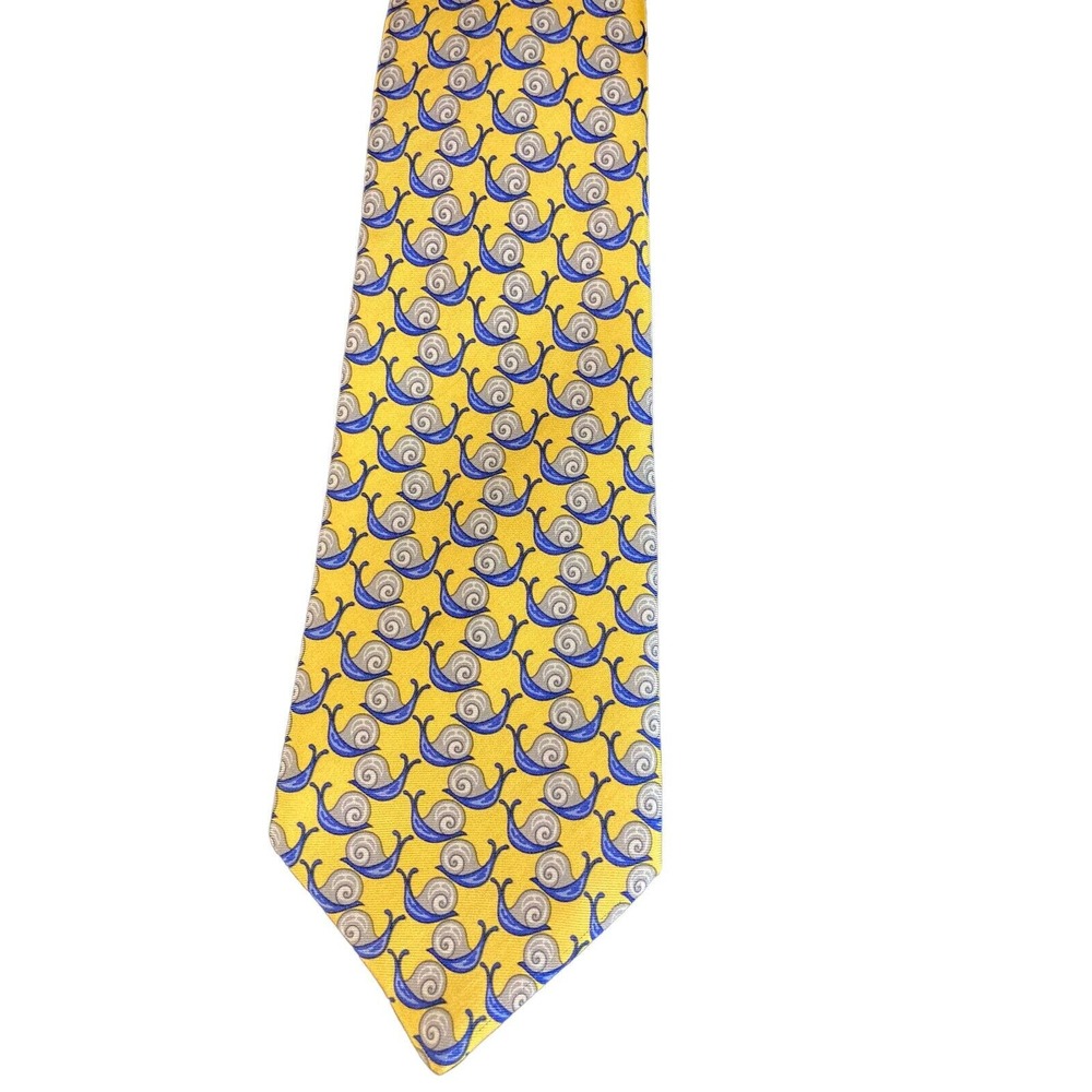 BURBERRYS 100% Silk Neck Tie Yellow Blue Mini Snails Print 3.75" × 58" England